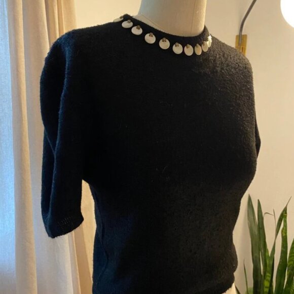 Vintage Sweaters - 1940s Black short Sleeve sweater with Mother of Pearl embellishment at neckline